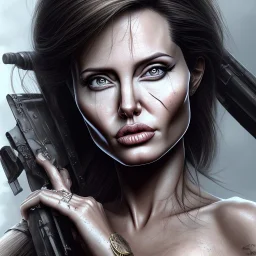 portrait Angelina Jolie gun long hairs big bobs Tomb Raider