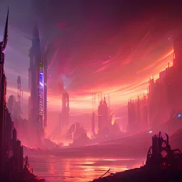 cyberpunk, landscape, GUITARS, cinematic, highly detailed, close up, 4k, deep colors, gold, fire, red, purple, dark, ethereal, utopia, apocalypse, from outer space