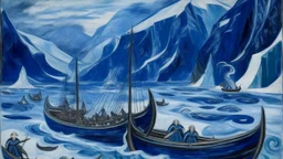 An indigo icy fjord with Viking ships designed in Scandinavian folk art painted by Edvard Munch