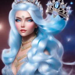 Ice Princess with white hair, a crown with precious stones, bright background