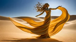 dancing statue of a wind-blown sand lady (made of sandstone):1.7; amazing reflections, circular swoosh, dynamic, cinematic, dramatic, cam in motion, swirl dynamics, deep low angle, summer heat, vivid sand and chartreuse colors, bright tone, sharp shadows, black outlines, immersed in motion