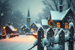 minimalism, fantasy funny winter Christmas, heavy snow snowing, deep rich dark warm colors, magic lighting, minimalism, beautiful, fantastical, magical background, shimmering,encaustic colors, beautiful snowy vintage Victorian houses village, closeup of a beautiful bird sitting on old snowy broken fence, minimalism