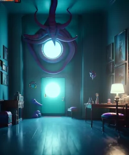 Ultra Realistic Room image with big sweet monster, Kandinsky artist style, highly detailed, unreal engine 5, RTX, ultra detail, volumetric lighting, finely drawn, high definition, high resolution.