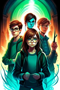 Design a book cover for fantasy criminal story. Three teenage-detectives in the centre. One girl and two boys. Book is for teenagers