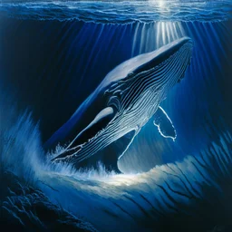 A dramatic, chiaroscuro-style acrylic painting of a powerful humpback hunting its prey in the depths of the ocean, with stark contrasts between light and shadow to emphasize the intensity and raw beauty of the scene