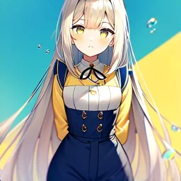portrait anime maid, long hair, hyper detailed, intricately detailed, looking at viewer, arms behind back pose, blue short pants, yellow blouse with a knot on the bottom, lemon background, air bubbles, summer vibe, close up shot, ambiguous lines image, flat dimensional style, flat lines, rough drawing --ar 2:3