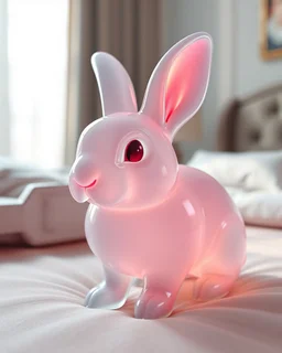 Generate image: A macro 3D render of a cute, lovely wooly rabit,made of Translucent glossy jelly material, soft gelatinous appearance, smooth rounded surface, realistic subsurface scattering, internal light diffusion, subtle volumetric translucency, wet polished highlights, slightly reflective surface, soft rubbery-plastic texture, vibrant neon color, physically based shader, studio lighting, high-end CGI render.on a conform in a luxury bedroom.