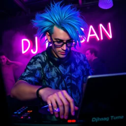 A DJ performing at dance club, his name DJ DRAGAN and looks crazy, crazy blue hair with glasses. Neon lights and smog, DJ DRAGAN SIGN ON WALL