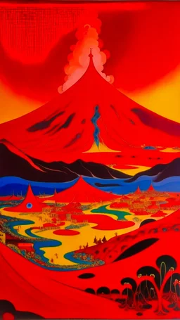 A red kingdom near a volcano painted by Wassily Kandinsky