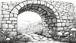 Ground-level outline sketch of a mushroom with octopus tentacles with a crumbling stone wall and an arch behind