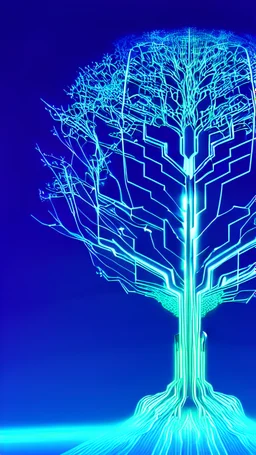 Generate a cyber-themed wallpaper featuring a futuristic tree of Yggdrasil. The tree should be depicted as a network of circuit lines and nodes resembling branches and leaves. The colors of the tree should be sky blue hues coupled with electric blue highlights, to create a unique yet appealing hacking vibe. The background of the wallpaper should be mostly dark to accentuate the cool blue tones of it. The overall aesthetic should be modern, while paying homage to traditional roots of Yggdrasil.