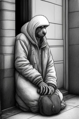 One single mature homeless cockatoo with worn out clothes, sleeping in a corner on the street, Vienna, mourning, model style, hyper realistic, extremely accurate, delicate, extremely detailed, Graphic novel style, wide-angle, open aperture, superfine pencil