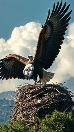 A huge eagle carrying a human and hovering over a nest