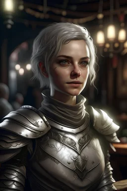 portrait of a beautiful female paladin, short messy ashen hair, pale grey eyes, white pale skin, undead, evil, confident, dressed in an ornameted revealing light plate armor, wearing a silver circlet, standing in a tavern, realistic, dim lighting, ocult, petite, cinematic lighting, highly detailed face, very high resolution, looking at the camera, centered
