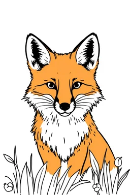 Simple outline colouring book page, portrait of a fox