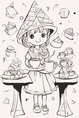 A little girl with a triangular party hat, enjoying a tea party with geometrically shaped cookies and cups. Use triangles for the hat, cookies, and other party decorations. very happy , Colloring page for todlliers ; basic hawali style cartoon , black and white , ink outlines , , smooth , anime style , minimalist , cute eyes , full body , white shose , sketchbook , realistic sketch , free lines , on paper , character sheet , clean line art high detailed