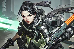 Billie Eilish as a cyber punk mercenary girl , huge girl painting by Yoji Shinkawa and Katsushika Hokusai, finely detailed facial features, finely drawn and inked, 4k, symmetric, hyper detailed