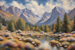 Rocky Mountain National Park landscape scene in the style of Claude Monet Modifiers: Landscape Claude Monet Panoramic View Impressionism School French Impressionists