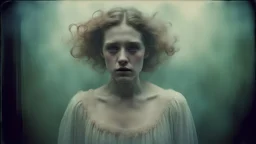 Ethereal half-body portrait, ghostly ectoplasmic electronics, vintage autochrome photography style, emotive expression, intricate textures, natural lighting enhancing details, dynamic composition, ethereal and captivating quality, hyper-realistic execution, striking dramatic lighting, surreal atmosphere, soft pastel color palette, by Julia Margaret Cameron and Gregory Crewdson