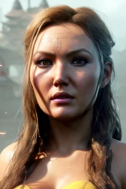 Camilla luddington face, big busty hitomi tanaka, texture skin,Crystal yellow eyes, long white hair, wearing The Lara Croft, realistic, 4k, intricate, best quality, fog particles, fire particles, octane render, vray, sword fire