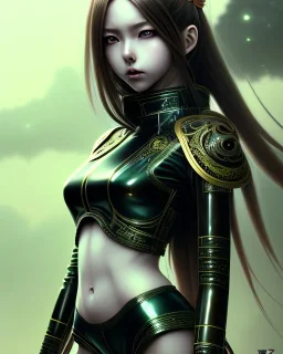 Detailed anime Kunoichi girl, long brown hair, green eyes, black latex bodysuit, intricate details, portrait, keep head in frame, slight smile, black Japanese motif, concept art, highly detailed, digital painting, concept art, sharp focus, illustration, art by Yoji Shinkawa, WLOP and greg rutkowski and alphonse mucha and artgerm and yanjun Chen and Junji ito and Makoto Shinkai, HDR, octane render