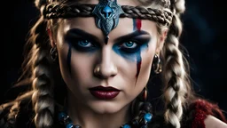 cinematic film still dramatic side lighting, dramatic intense stare closeup portrait, dark black background, hdr, dramatic beautiful warrior woman with warrior face paintings and blood, viking braids, blue eyes, pelt, skull necklace, shallow depth of field, vignette, highly detailed, high budget Hollywood film, cinemascope, moody, epic, gorgeous