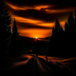 dark night, orange sunset colors in the sky, a lonely cabin in the distance on a mountain in the woods, a lonely dark silhouette walking down the road