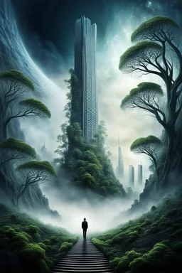 abstract landscape, skyscrapers and spiralling trees to space, mist, lonely figure looking up, pale surreal lighting, utopistic scenery, dark fantasy theme, surreal style, detailed, high quality, frog eye view