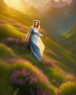 beautiful illustration of a young plum merryl streep in the mountains, in the style viktor klint and moebius, rim light, vibrant moody colors, plain background, soft lighting, unreal engine