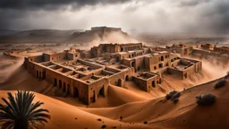 Massive brutalist architecture emerging from a desert landscape, fused with the ancient ksar structures of Ksar Ouled Soltane, partially hidden in dense fog. Monumental concrete forms mixed with traditional North African clay granaries, cinematic composition, ultra detailed, photorealistic, atmospheric lighting, dark surreal mood, mysterious scale, soft sandstorm haze, moody shadows, dystopian yet ancient feeling, high contrast, realistic textures, epic wide-angle shot, fog