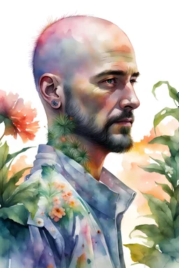 white background, cyberpunk, watercolor, balding Man 40 years old, portrait painting, acrylic, summer sunset, plant hair, flower clothes, double exposure, fine rendering, high detail, high resolution, 8K