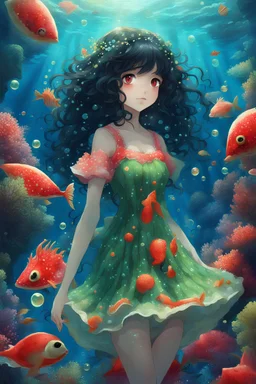 In a magical world beneath the waves, there was a beautiful anime girl with curly black hair. She wore a dress in red and green, reminiscent of watermelons and pomegranates. Her eyes, the color of honey and moss, shone with happiness. As she swam through the underwater world, she was surrounded by vibrant corals, shimmering fish, glowing bubbles, and twinkling lights. It was like a colorful, digital painting brought to life.