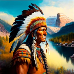 stunning 3D render of a painting in the style of Rembrandt featuring Winnetou, the chief of the Aachen tribe. Winnetou is depicted as a noble and wise leader, adorned with intricate feathers and a colorful headdress. The background portrays a vast, rugged landscape with a rocky mountain range and a serene lake, casting a warm golden glow. The overall atmosphere is a mix of both realism and dreamlike fantasy, reflecting Rembrandt's masterful use of light and shadow., illustration, 3d render, pain