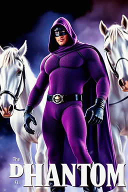 Movie Poster - ((("THE PHANTOM"))), extremely thick, muscular, 6'6'' 18-year-old Billy Zane with extremely exaggerated muscles as the Phantom, long-sleeved, textured, padded purple cotton bodysuit with skintight, formfitting textured purple cotton cowl with ((black eye mask)) and widow peak, black gloves and wrist gauntlets, black boots, double holstered utility belt, skull-shaped belt buckle, glowing, white eyes, standing next to his white horses, captured in a breath-taking explosion of color,