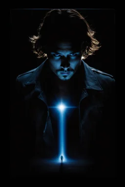 pitch-black background with a blue glowing overhead spotlight effect, Johnny Depp