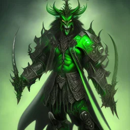demonio de armadura verde y negro con alas negras, con sangre en sus manos
