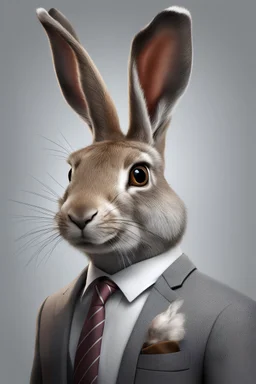 Anthropomorphic hare in a grey suit and hyper-realistic 8K tie