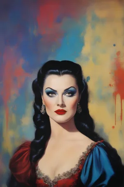 Yvonne De Carlo as Dracula - with a single white streak in her hair, extremely colorful, multicolored paint splattered wall in the background, oil painting by Leonardo da Vinci