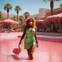 [high res photo by Gilligans Island] In the dazzling city of Las Vegas, Clad in a short green dress that sparkles under the desert sun, the Orangutang Queen finds herself in a most curious setting—a pink swimming pool teeming with flamingos and bananas, ready to fight, in dust, rust and blood, her body is covered with cartridge belts