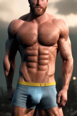 Ignore NSFW, teenager young rugged attractive slightly muscular fantasticly handsome blonde man, red briefs with yellow belt, hairy chest, (((visibly pisssing))) briefs, large erect visible boner peniss, photorealistic, artist Jay Anacleto, soft lighting, scruffy beard