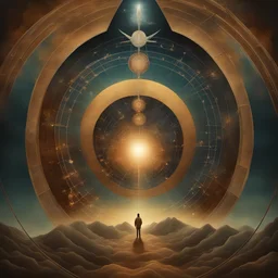 Surreal digital painting of portal revealing interconnected dimensions with occult civilizations converging in alignment as supernatural guides shepherd humanity toward enlightenment, uniting lost worlds and ascending consciousness across three album covers titled "Realms Revealed", "Planes Aligned" and “Evolving Light” by The Fold Path band