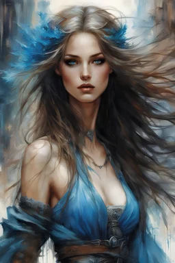 urban Fashion , cute woman, beautiful perfect face, long hair, detailed blue eyes, athletic, walking , waist-up, Art by WLOP, Luis Royo, Carne Griffiths, Jean-Baptiste Monge, Jessica Rossier, Brian Froud, Rembrandt