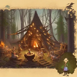 a group of people working on a base in the forest by a campfire in the medieval times, all in pixel art cartoony stile