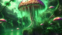 floating alien mushrooms with jellyfish tentacles, rampant foliage, and vines, next to a lake, photorealistic, Intricate Detail"