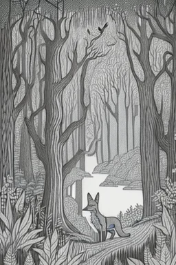 in the style of Henry Justice Ford, a drawing of a forest in which a fox lives