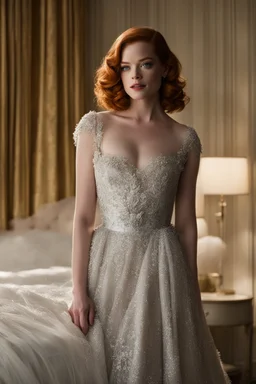 you find yourself captivated by the image of Jane Levy, adorned in an elegant gown and exuding a sense of pride, standing confidently in front of a bed. The room is bathed in a soft, ethereal light, casting a warm glow upon the scene. Jane Levy, with her head held high and a gleam in her eyes, stands before the bed, emanating an air of confidence and self-assuredness. Her gown, flowing and regal, accentuates her grace and poise. And around her waist, a garnet belt, a symbol of strength and dete