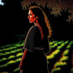 Portrait of a woman from an Alentejo village in a field full of olive trees, Cinematic, Photoshoot, Shot on 25mm lens, Depth of Field, Tilt Blur, Shutter Speed 1/1000, F/22, White Balance, 32k, Super-Resolution, Pro Photo RGB, Half rear Lighting, Backlight, Dramatic Lighting, Incandescent, Soft Lighting, Volumetric, Conte-Jour, Global Illumination, Screen Space Global Illumination, Scattering, Shadows, Rough, Shimmering, Lumen Reflections, Screen Space Reflections, Diffraction Grading, Chromatic