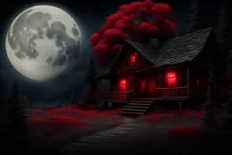 Creepy trees, creepy night, moon, cabin, red flowers, background pc