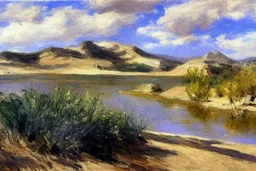 Sunmy day, clouds, mountains, distant mountains, vegetations, sand, desert, lake, lake reflections, philip wilson steer impressionism paintings