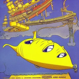 mix between the captain nemo submarine and the beatle yellow submarine by disney in a seabed imagined by winsor mccay